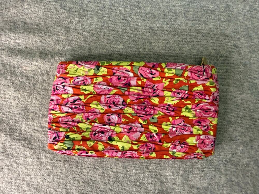 Jim Thompson Thai Silk Pleated Floral Cosmetic Pouch Orange Pink Silk Clutch